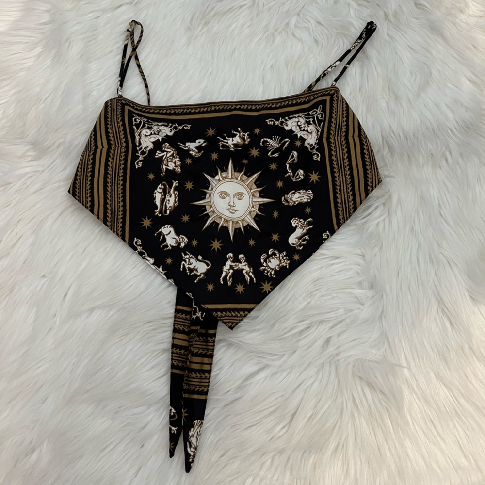 Zodiac Print Black and Gold Crop Top